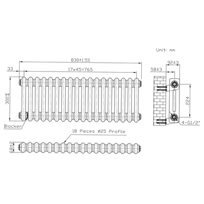 Traditional 2 Column Radiator & Valves – 300mm x 830mm - Raw Metal