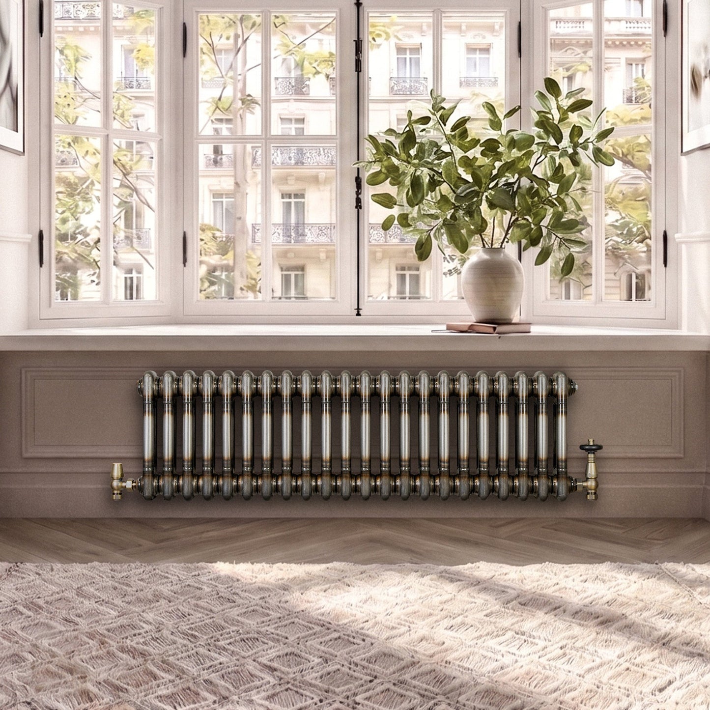 Traditional 2 Column Radiator & Valves – 300mm x 1010mm - Raw Metal