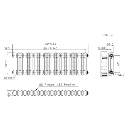 Traditional 2 Column Radiator & Valves – 300mm x 1010mm - Raw Metal