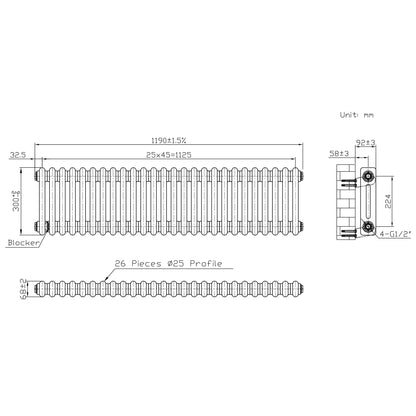 Traditional 2 Column Radiator & Valves – 300mm x 1190mm - Raw Metal
