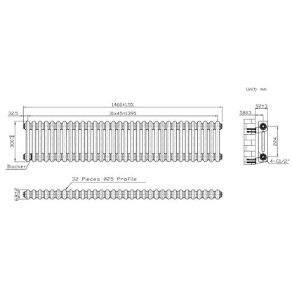 Traditional 2 Column Radiator & Valves - 300 x 1460mm - Raw Metal