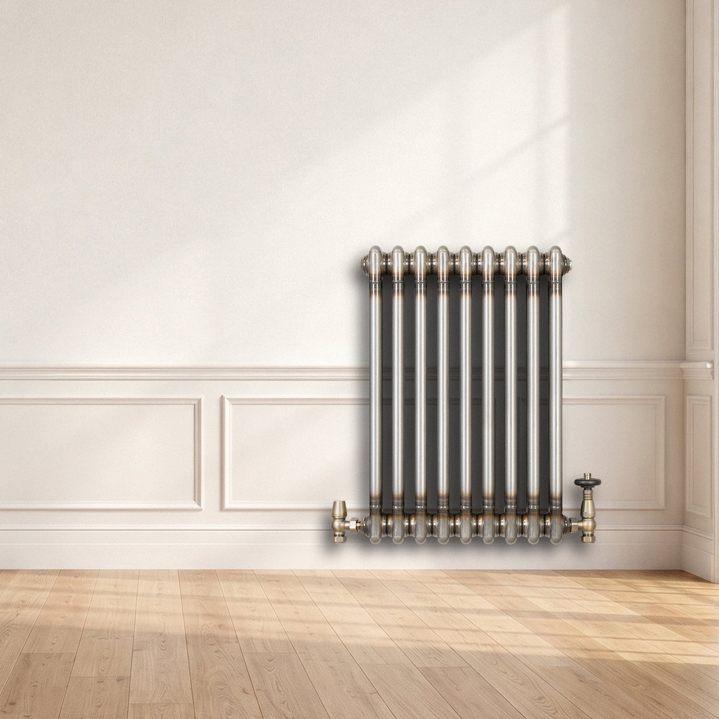 Traditional 2 Column Radiator & Valves - 600 x 425mm - Raw Metal