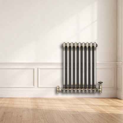 Traditional 2 Column Radiator & Valves - 600 x 425mm - Raw Metal
