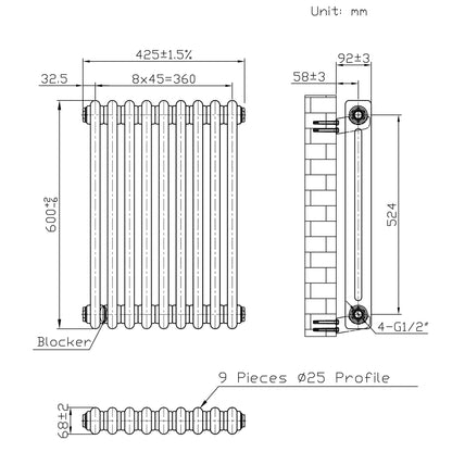 Traditional 2 Column Radiator & Valves - 600 x 425mm - Raw Metal