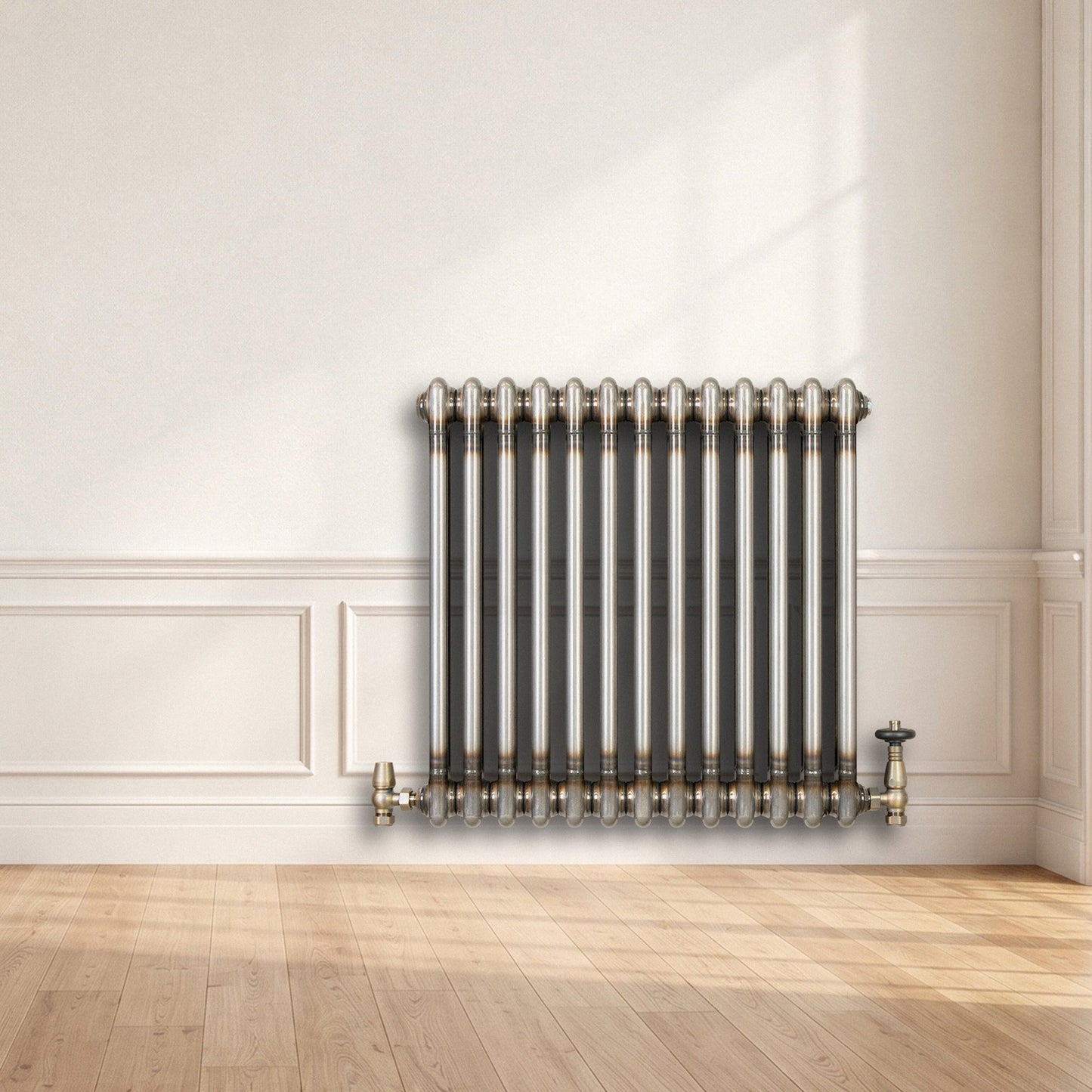 Traditional 2 Column Radiator & Valves - 600 x 605mm - Raw Metal