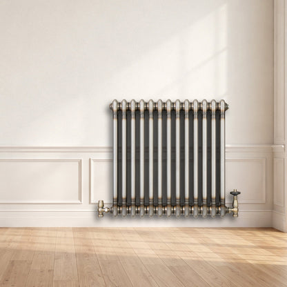 Traditional 2 Column Radiator & Valves - 600 x 605mm - Raw Metal