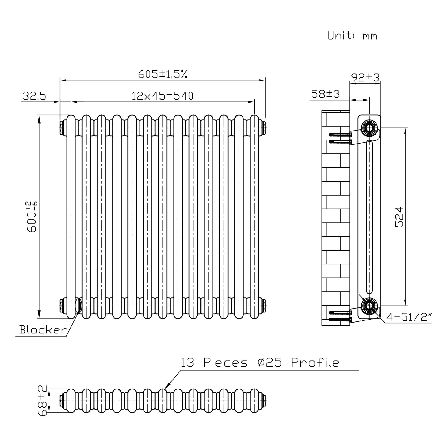 Traditional 2 Column Radiator & Valves - 600 x 605mm - Raw Metal