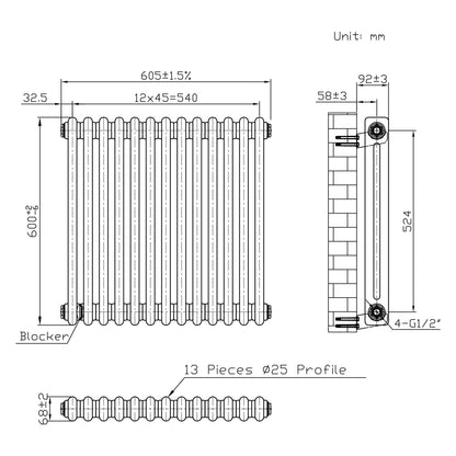 Traditional 2 Column Radiator & Valves - 600 x 605mm - Raw Metal