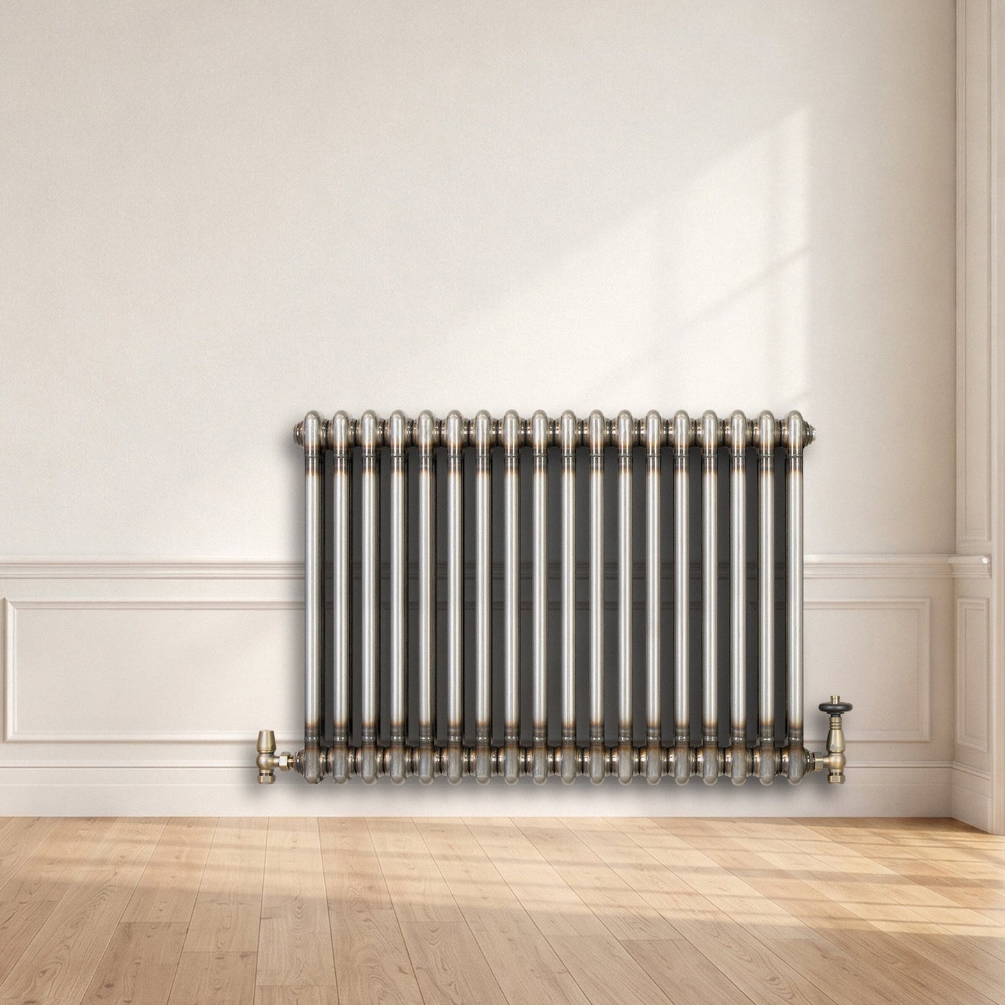 Traditional 2 Column Radiator & Valves - 600 x 830mm - Raw Metal