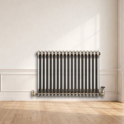 Traditional 2 Column Radiator & Valves - 600 x 830mm - Raw Metal