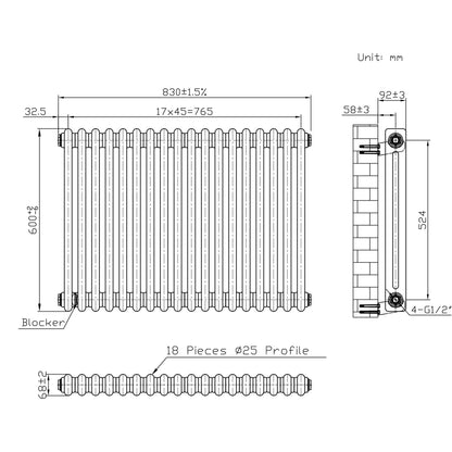 Traditional 2 Column Radiator & Valves - 600 x 830mm - Raw Metal