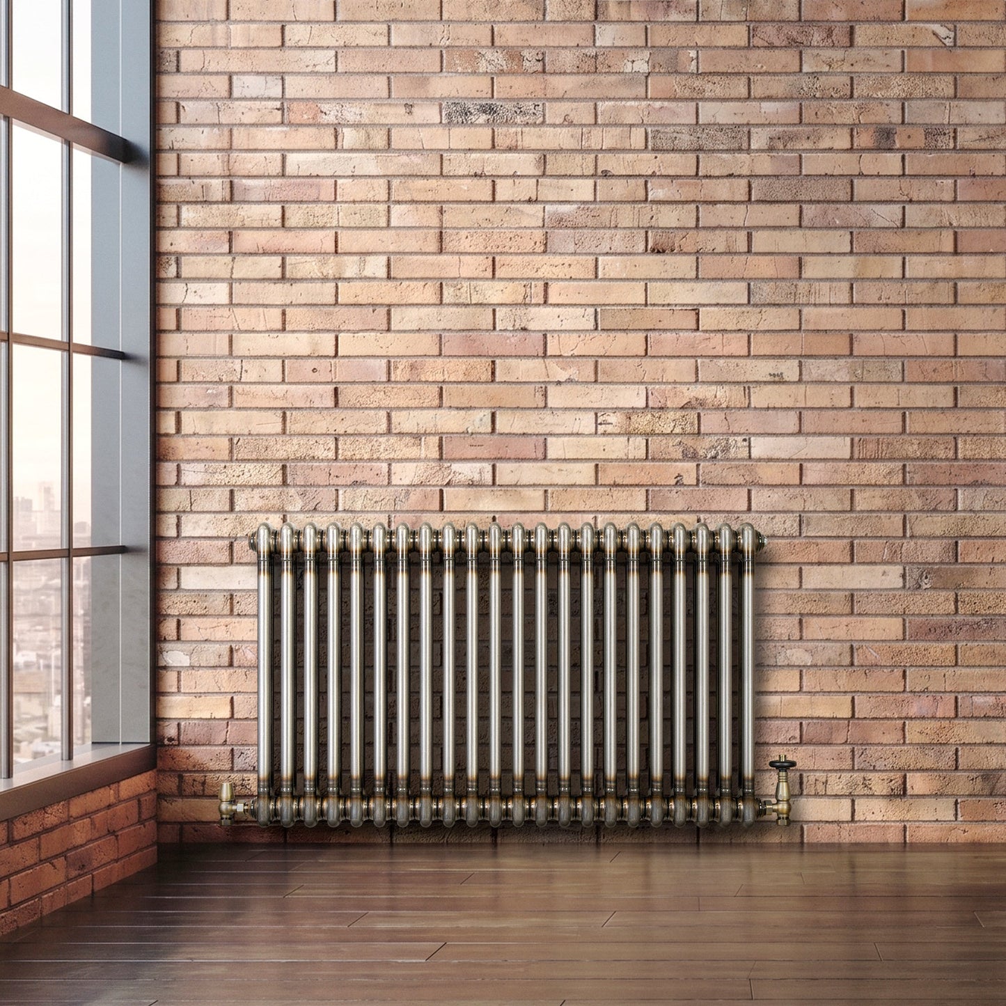 Traditional 2 Column Radiator & Valves - 600 x 1010mm - Raw Metal
