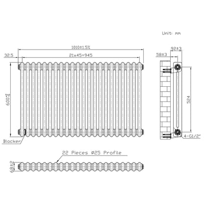 Traditional 2 Column Radiator & Valves - 600 x 1010mm - Raw Metal