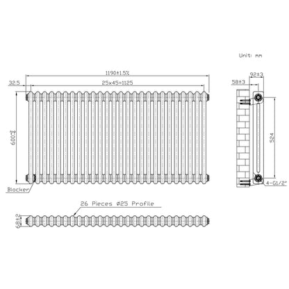 Traditional 2 Column Radiator & Valves - 600 x 1190mm - Raw Metal