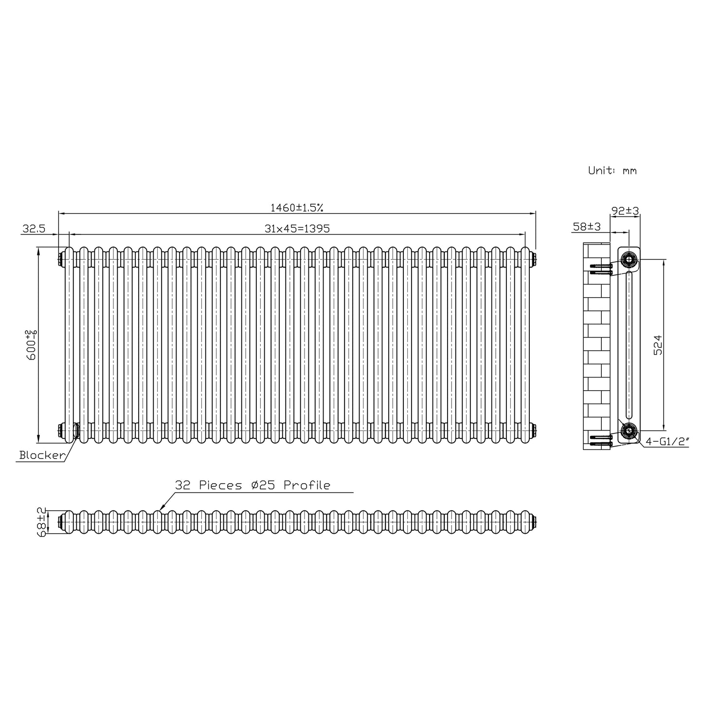 Traditional 2 Column Radiator & Valves - 600 x 1460mm - Raw Metal