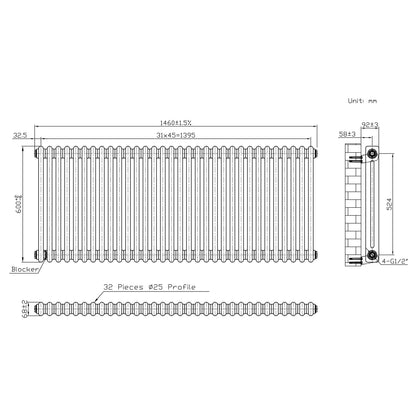 Traditional 2 Column Radiator & Valves - 600 x 1460mm - Raw Metal