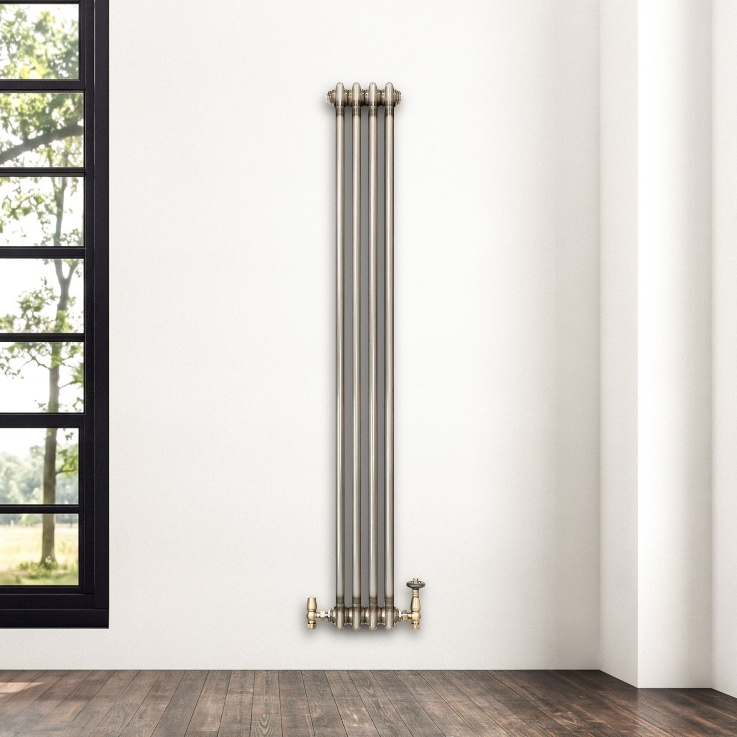 Traditional 2 Column Radiator & Valves - 1500 x 200mm - Raw Metal