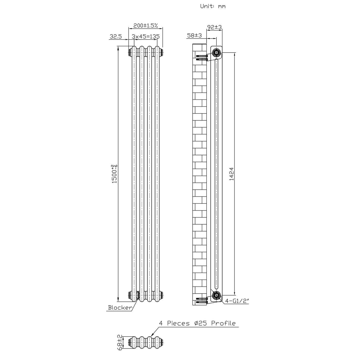 Traditional 2 Column Radiator & Valves - 1500 x 200mm - Raw Metal