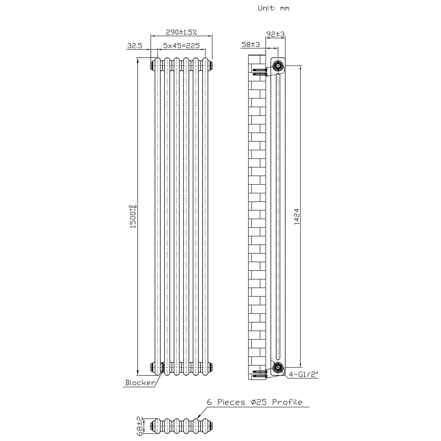 Traditional 2 Column Radiator & Valves – 1500mm x 290mm - Raw Metal