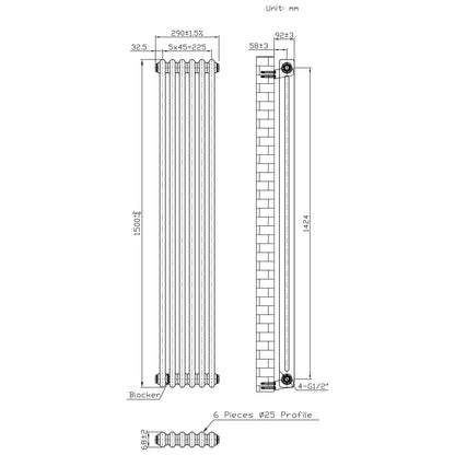 Traditional 2 Column Radiator & Valves – 1500mm x 290mm - Raw Metal