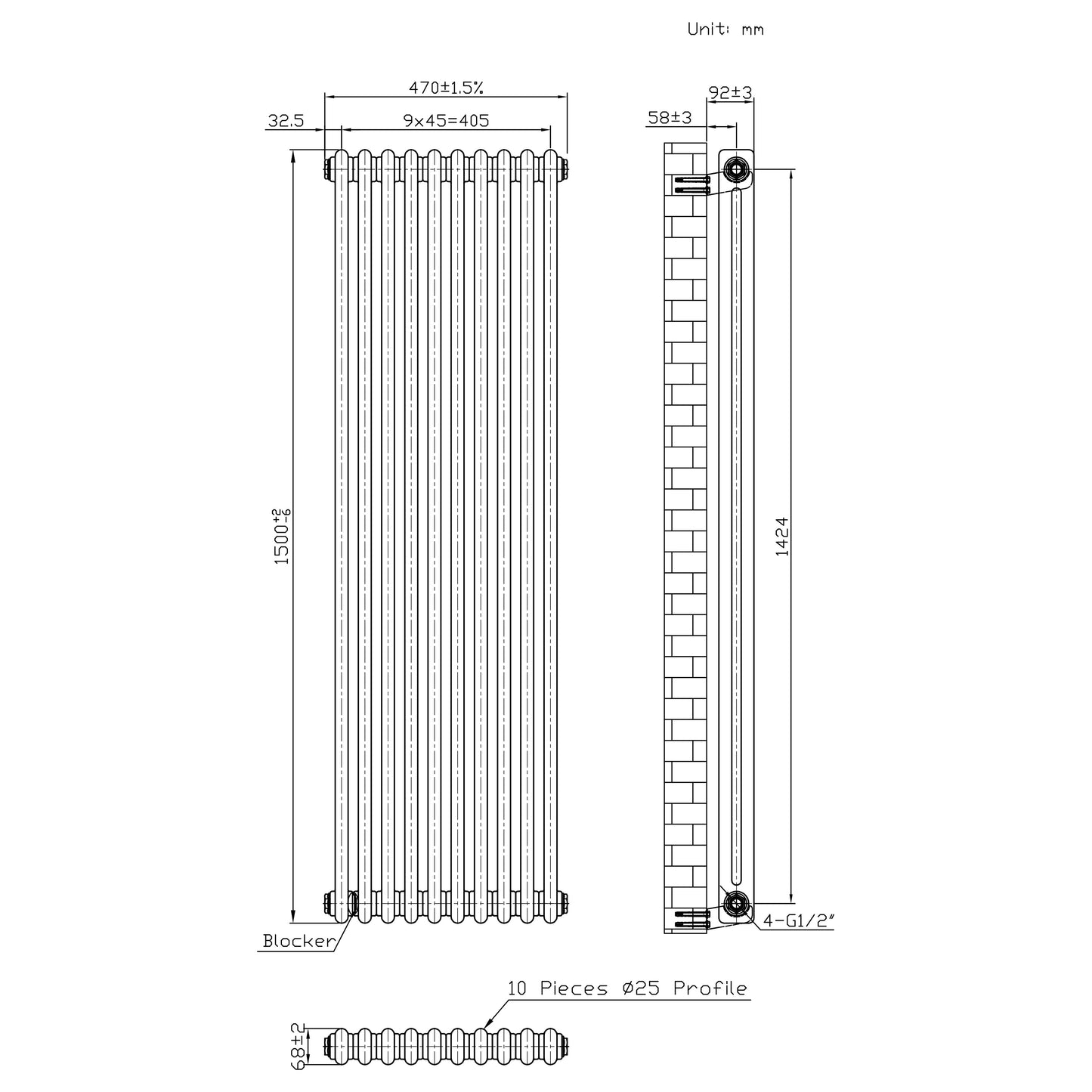 Traditional 2 Column Radiator & Valves – 1500mm x 470mm - Raw Metal