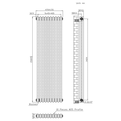 Traditional 2 Column Radiator & Valves – 1500mm x 470mm - Raw Metal