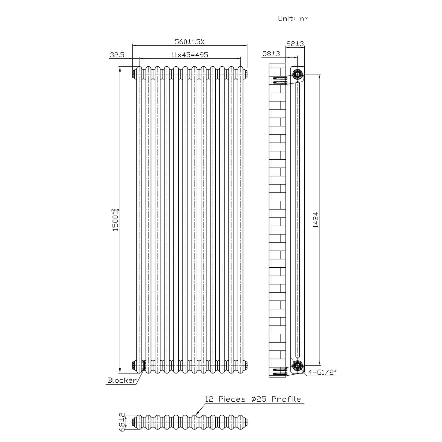 Traditional 2 Column Radiator & Valves – 1500mm x 560mm - Raw Metal