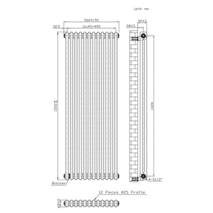Traditional 2 Column Radiator & Valves – 1500mm x 560mm - Raw Metal