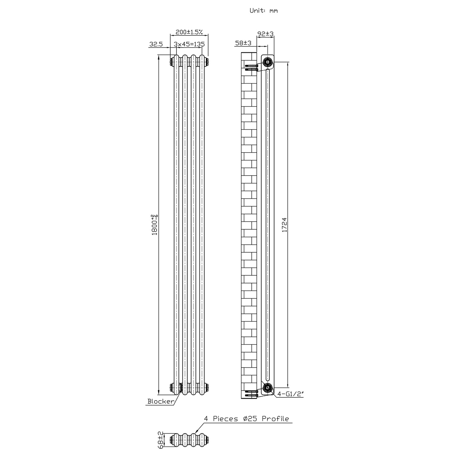 Traditional 2 Column Radiator & Valves - 1800 x 200mm - Raw Metal
