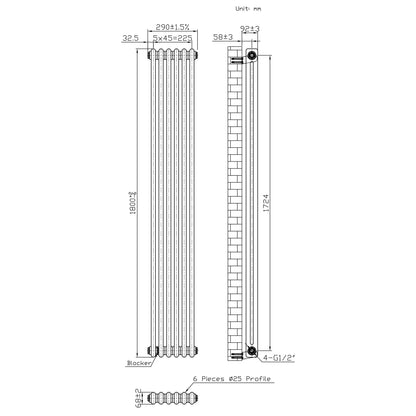 Traditional 2 Column Radiator & Valves – 1800mm x 290mm - Raw Metal