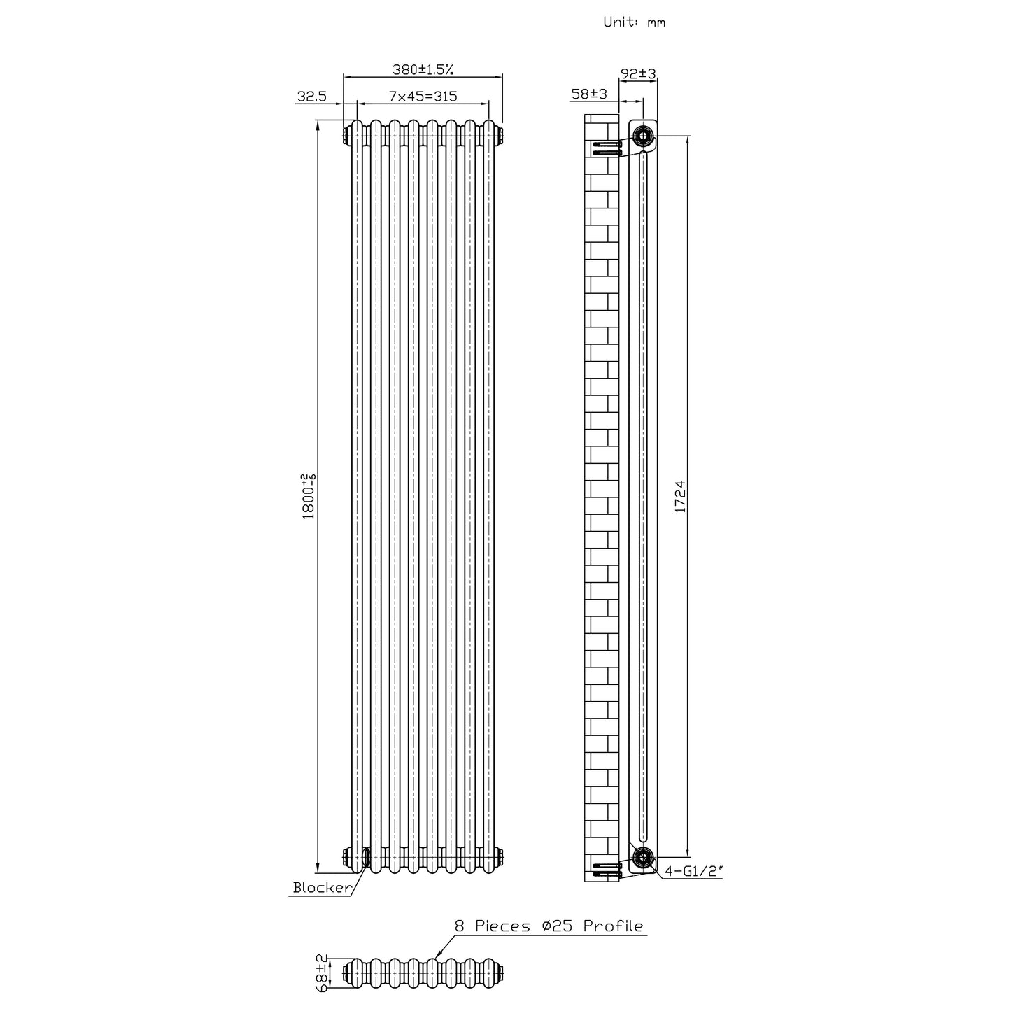 Traditional 2 Column Radiator & Valves – 1800mm x 380mm - Raw Metal