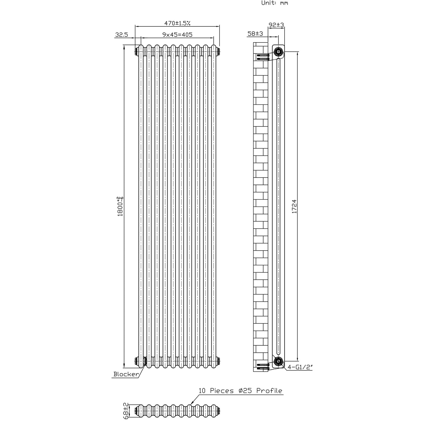 Traditional 2 Column Radiator & Valves – 1800mm x 470mm - Raw Metal