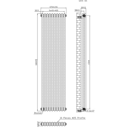 Traditional 2 Column Radiator & Valves – 1800mm x 470mm - Raw Metal