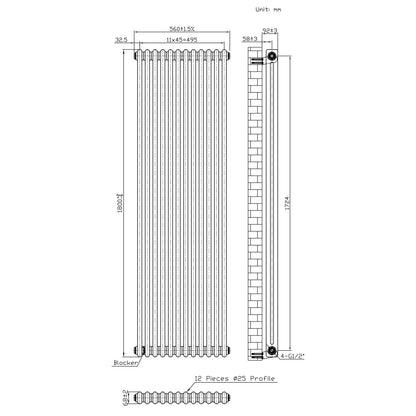 Traditional 2 Column Radiator & Valves - 1800mm x 560mm - Raw Metal