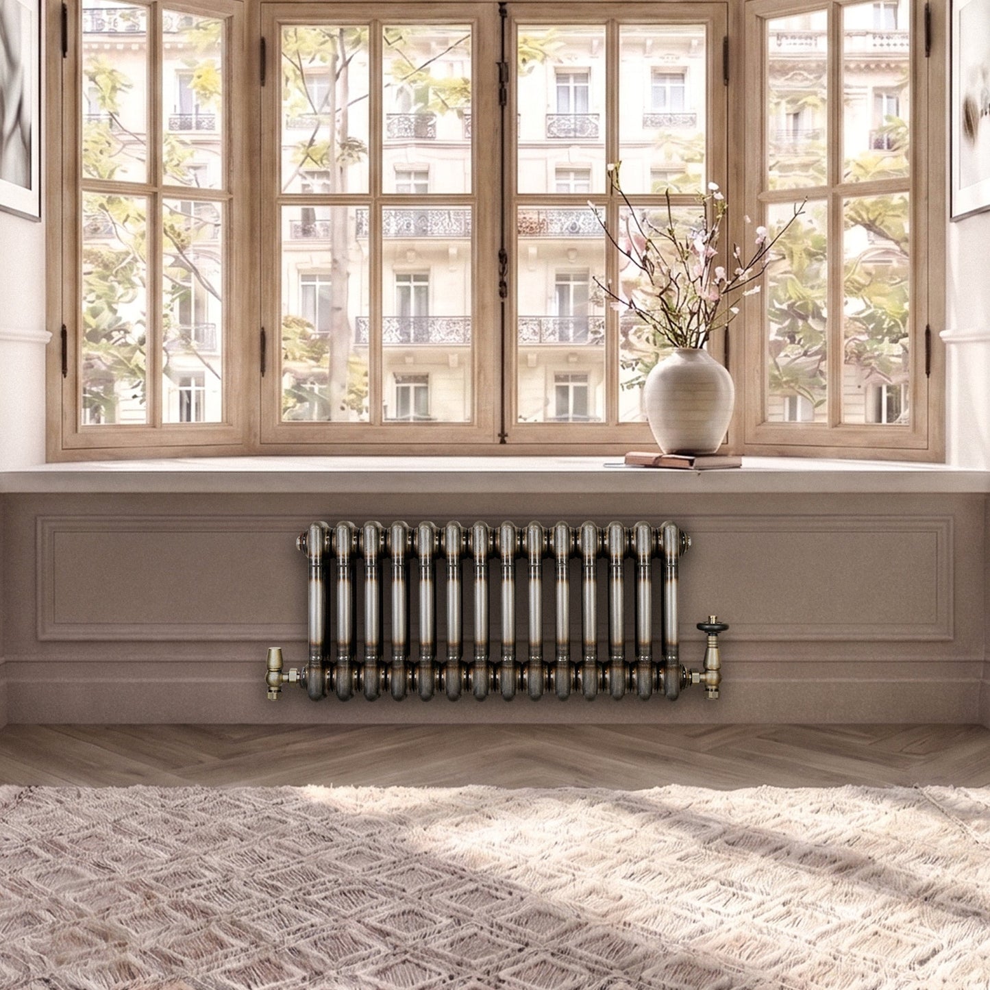 Traditional 3 Column Radiator & Valves - 300mm x 650mm - Raw Metal