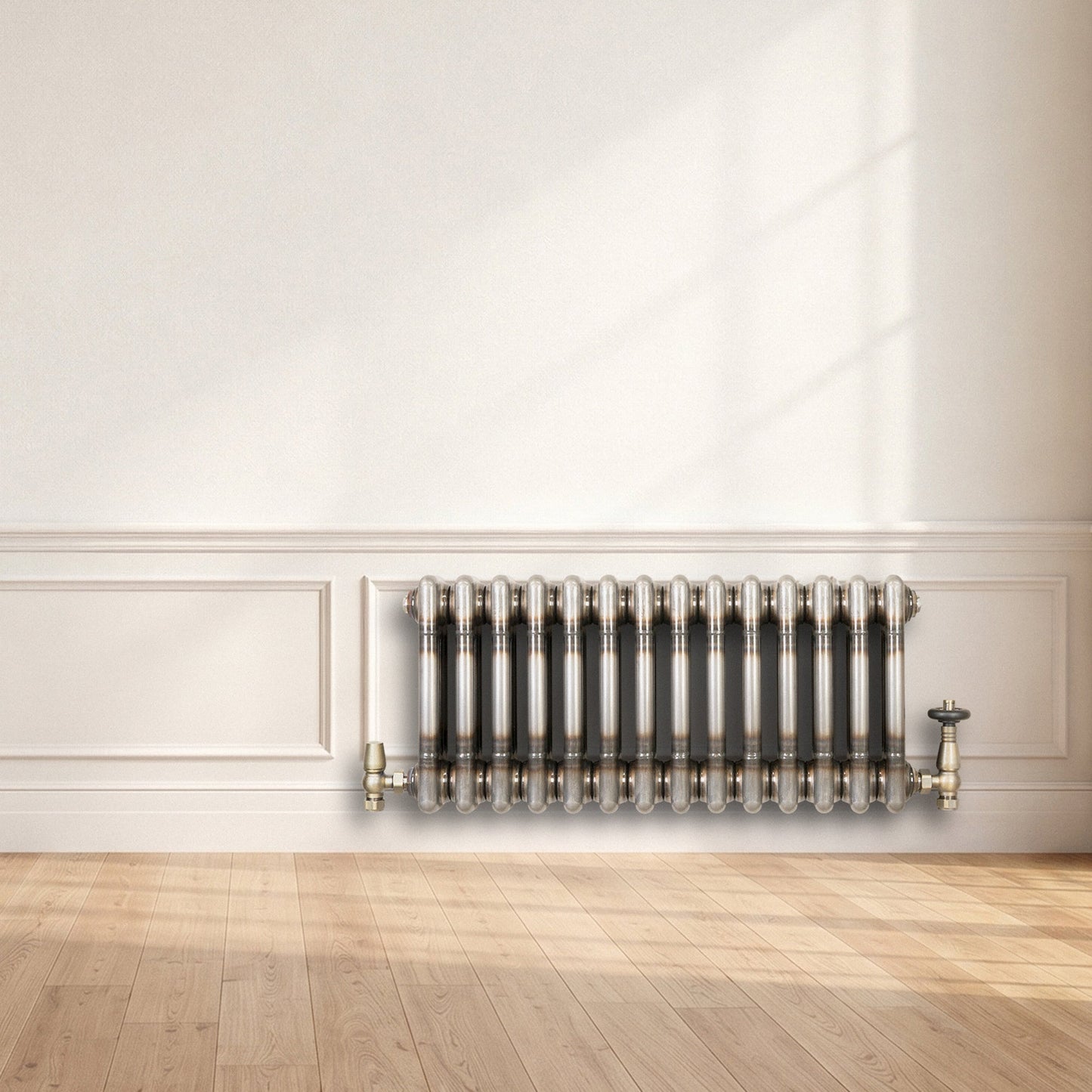 Traditional 3 Column Radiator & Valves - 300mm x 650mm - Raw Metal