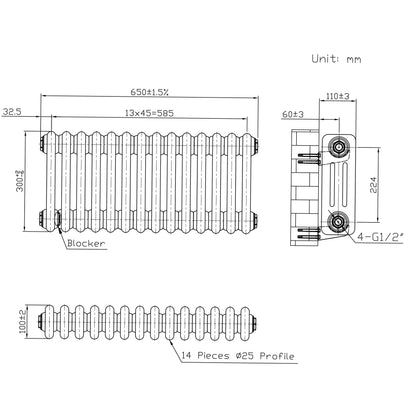 Traditional 3 Column Radiator & Valves - 300mm x 650mm - Raw Metal