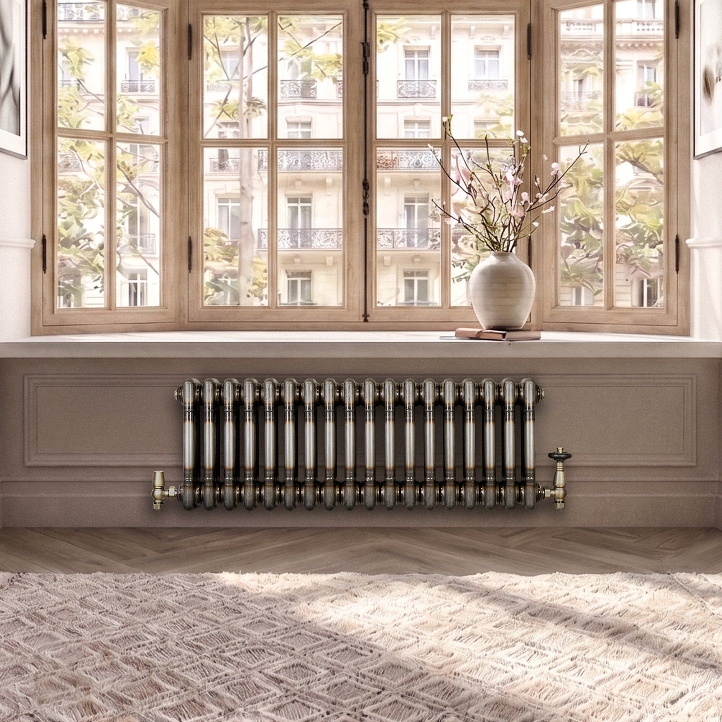 Traditional 3 Column Radiator & Valves – 300mm x 830mm - Raw Metal
