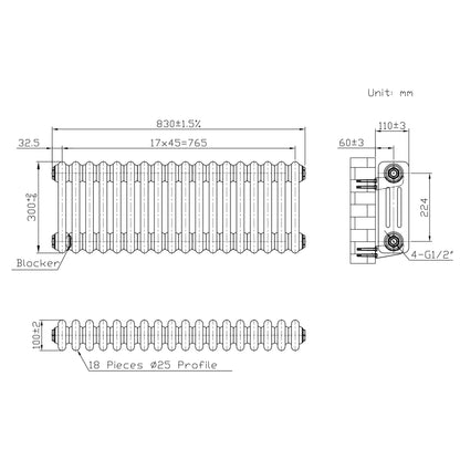 Traditional 3 Column Radiator & Valves – 300mm x 830mm - Raw Metal