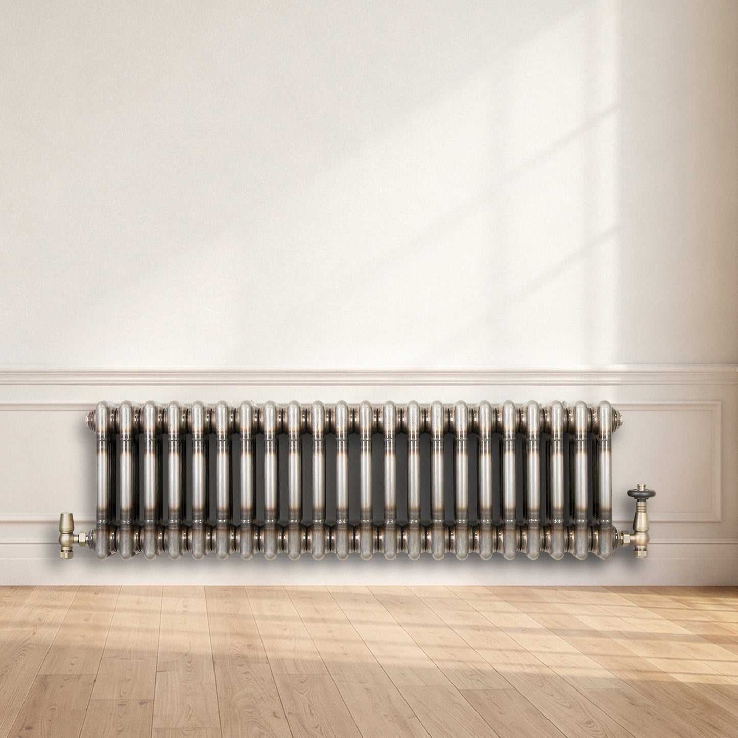 Traditional 3 Column Radiator & Valves – 300mm x 1010mm - Raw Metal
