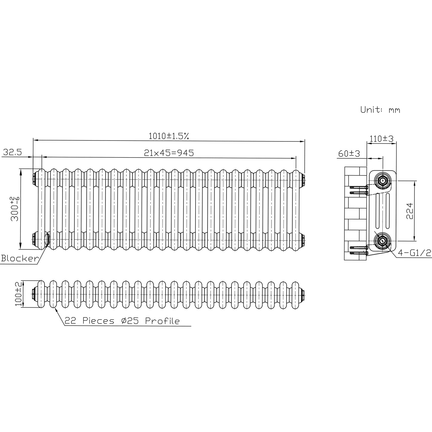 Traditional 3 Column Radiator & Valves – 300mm x 1010mm - Raw Metal