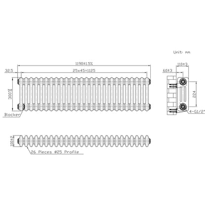 Traditional 3 Column Radiator & Valves – 300mm x 1190mm - Raw Metal