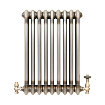 Traditional 3 Column Radiator & Valves - 600mm x 425mm - Raw Metal
