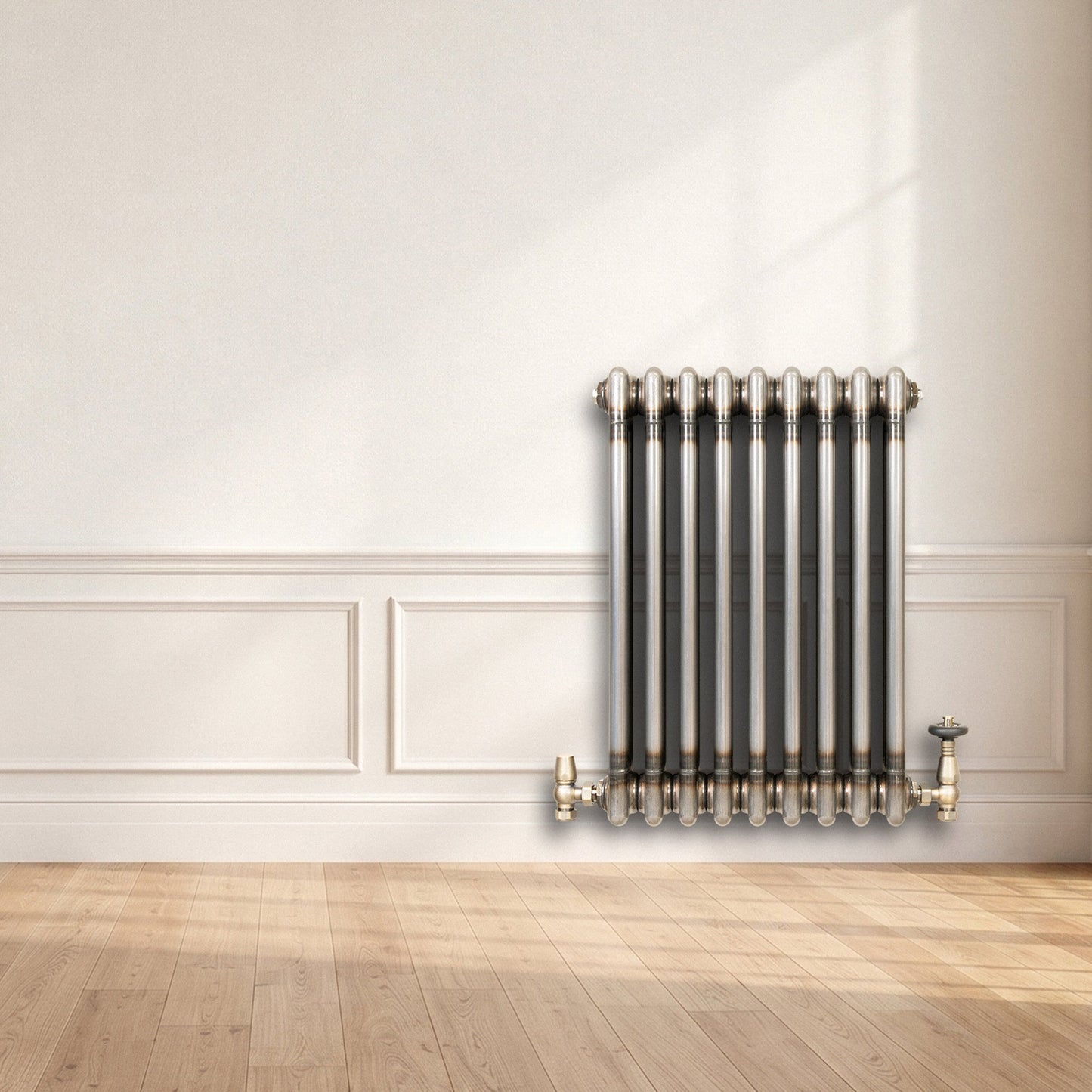 Traditional 3 Column Radiator & Valves - 600mm x 425mm - Raw Metal