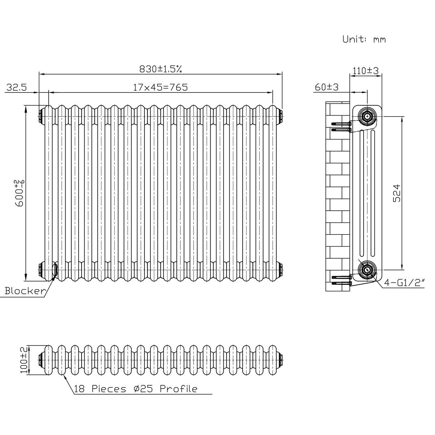 Traditional 3 Column Radiator & Valves – 600mm x 830mm - Raw Metal