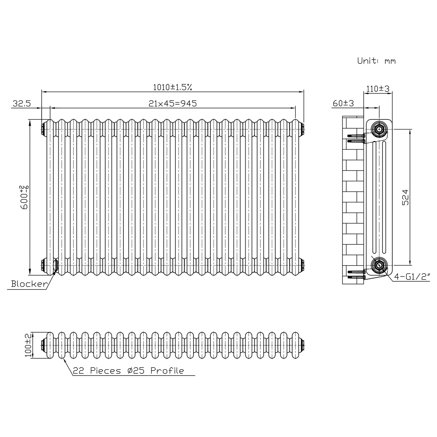 Traditional 3 Column Radiator & Valves – 600mm x 1010mm - Raw Metal
