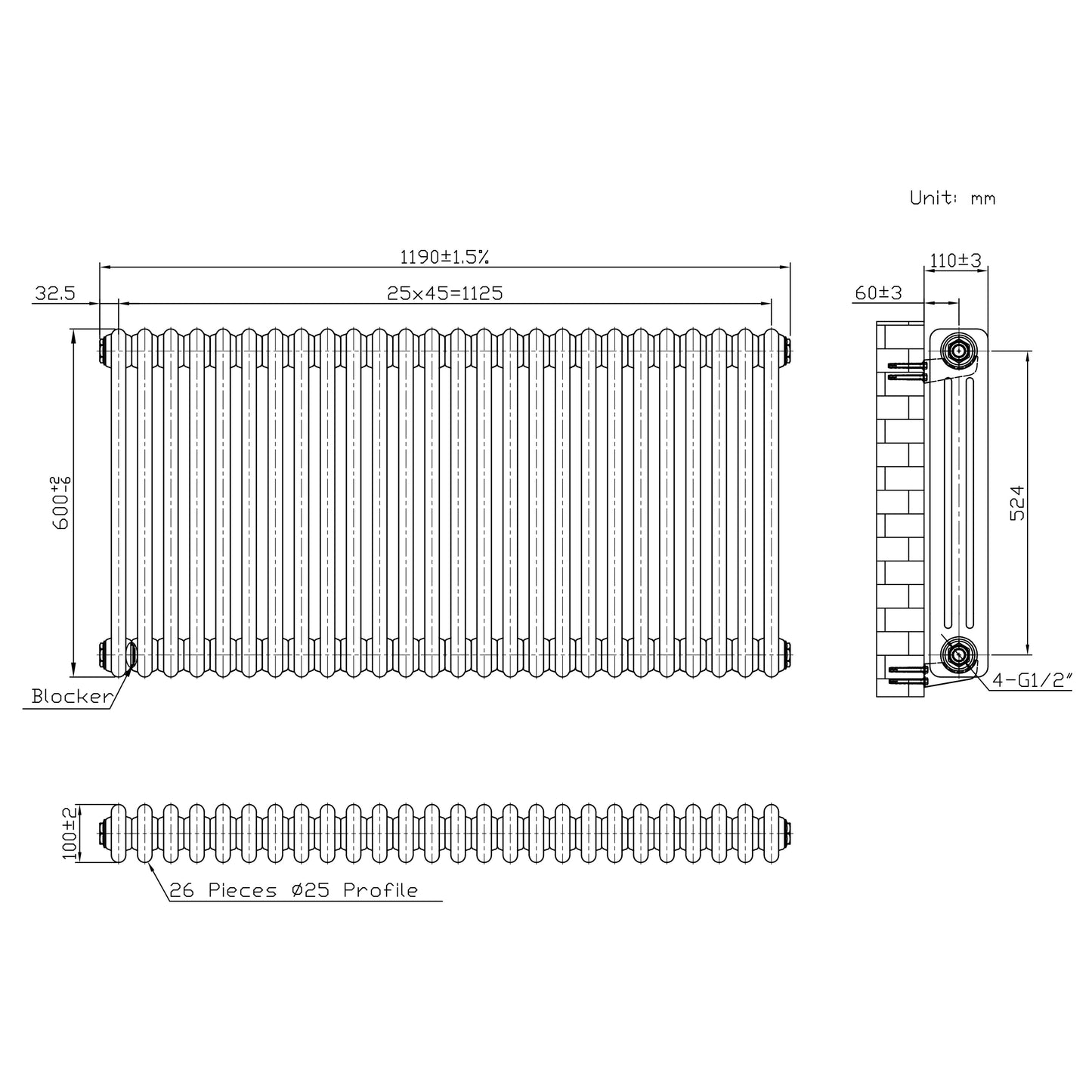 Traditional 3 Column Radiator & Valves – 600mm x 1190mm - Raw Metal
