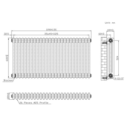 Traditional 3 Column Radiator & Valves – 600mm x 1190mm - Raw Metal