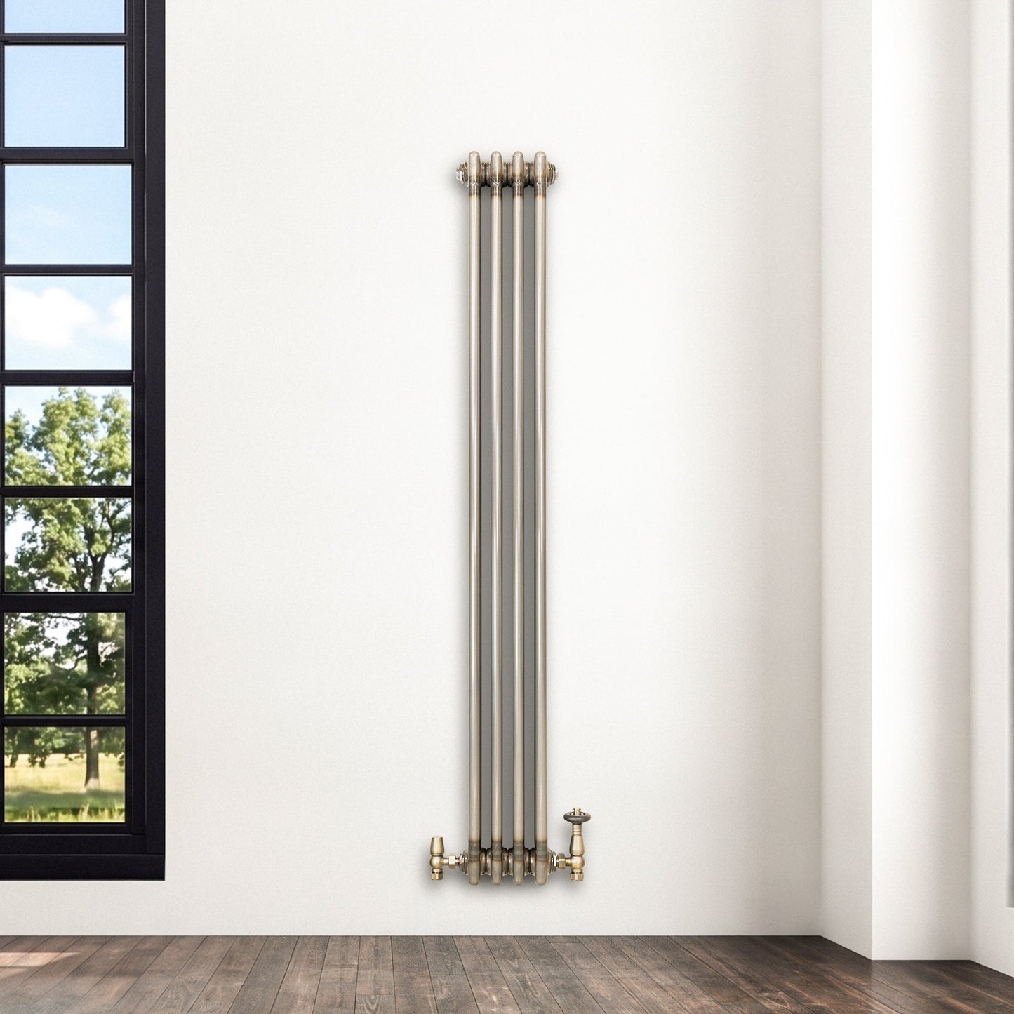 Traditional 3 Column Radiator & Valves – 1500mm x 200mm - Raw Metal
