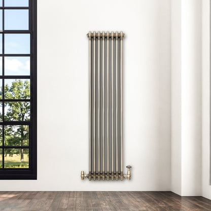 Traditional 3 Column Radiator & Valves - 1500mm x 380mm - Raw Metal